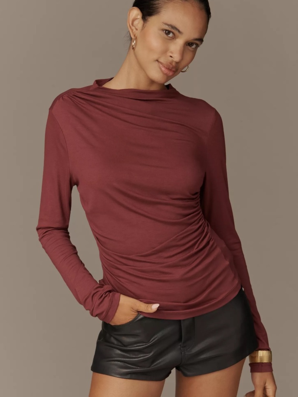 By Anthropologie Long-Sleeve Asymmetric Ruched Top in WINE NWT SIZE XL